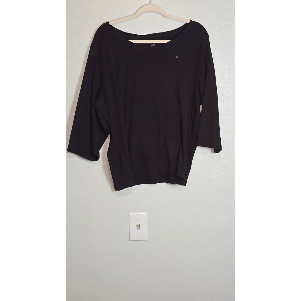 Tommy Hilfiger Womens 2X Black Cotton Boat Neck 3/4 Sleeve Top Logo Tee